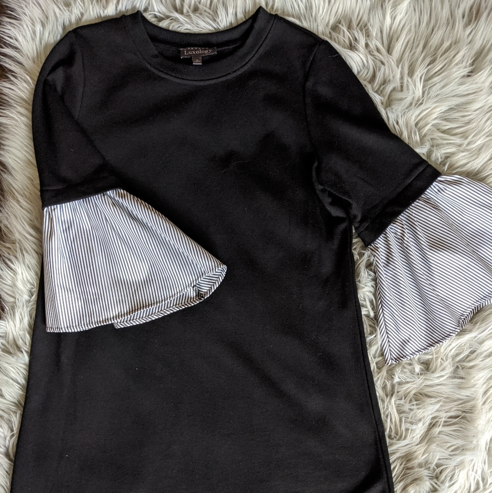 Black Dress with Striped Bell Sleeves